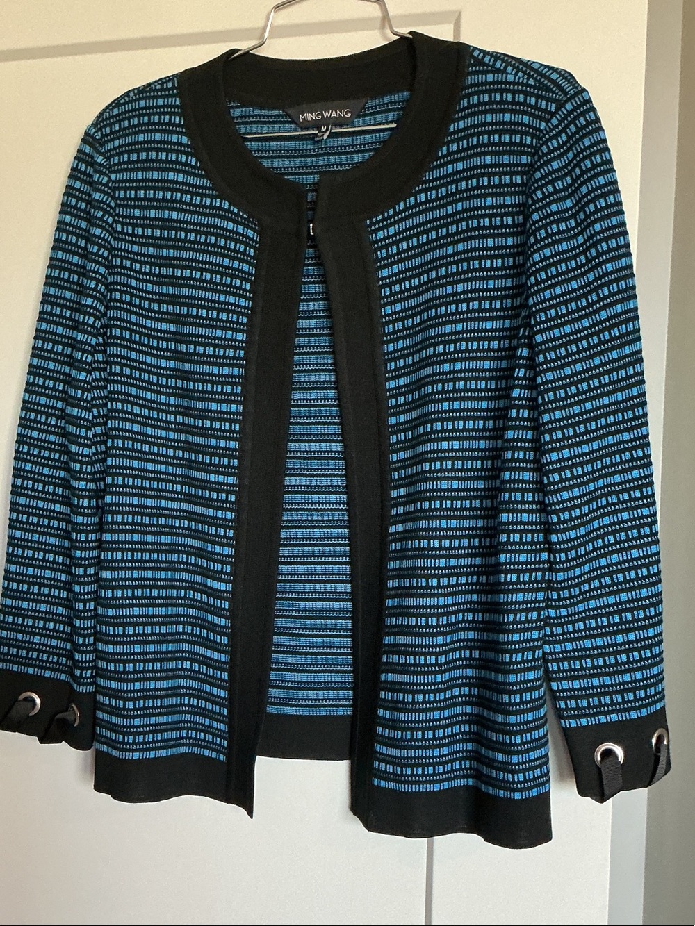 Ming Wang Black-Trim Blue Patterned Knit Jacket